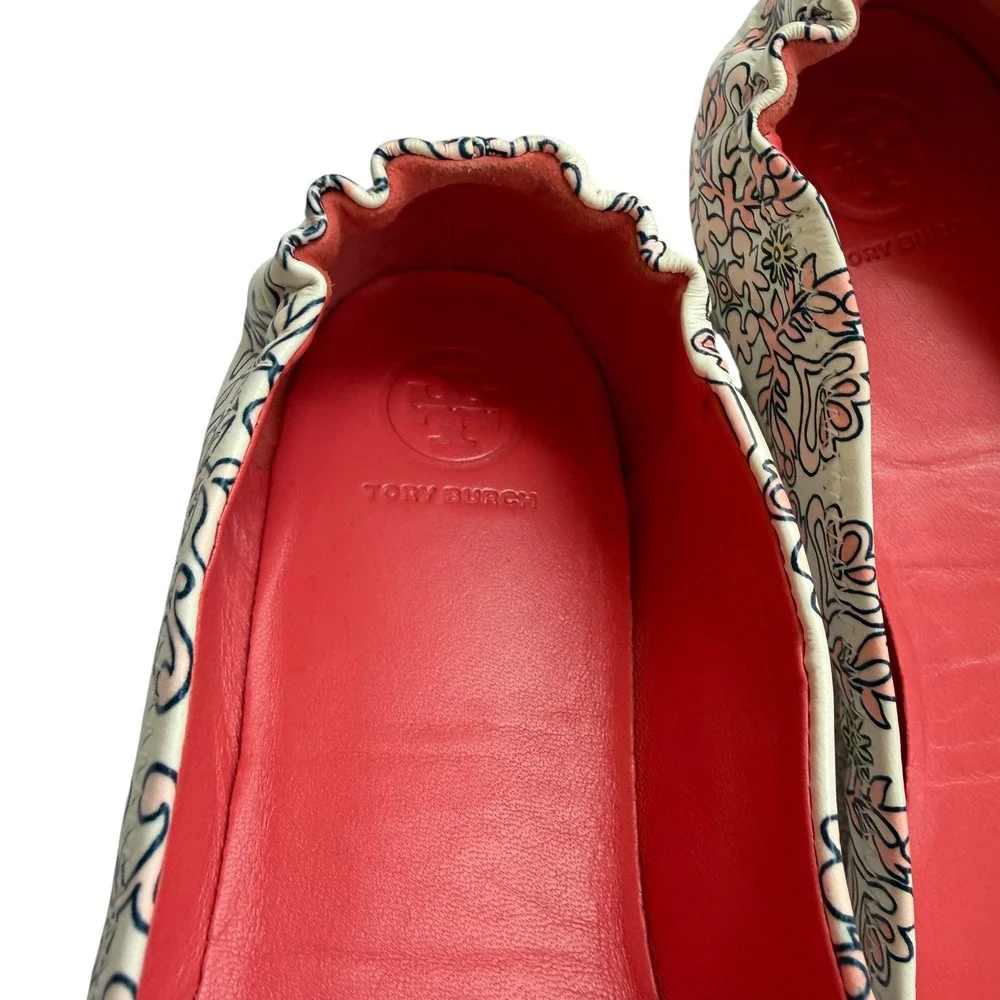 Tory Burch Minnie Travel Ballet Flats Cream Pink Floral Paisley Leather Size 9